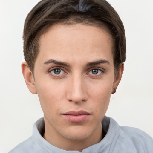 Neutral white young-adult female with short  brown hair and grey eyes