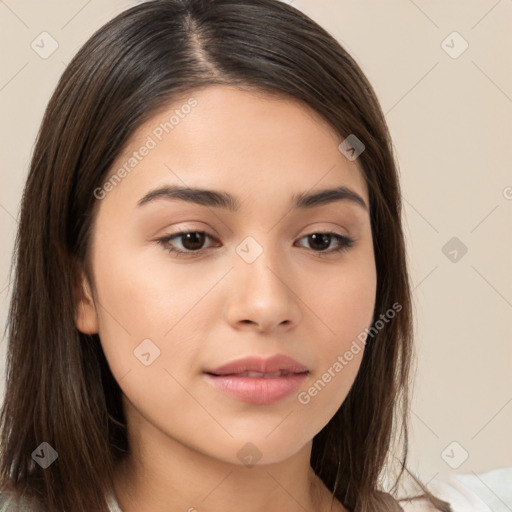 Neutral white young-adult female with long  brown hair and brown eyes