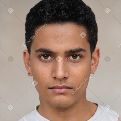 Neutral latino young-adult male with short  black hair and brown eyes