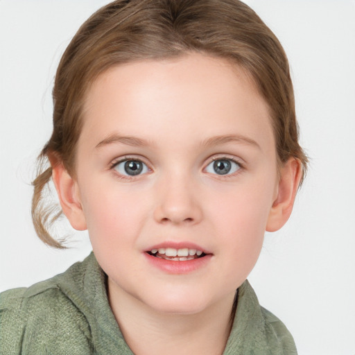 Joyful white child female with medium  brown hair and blue eyes