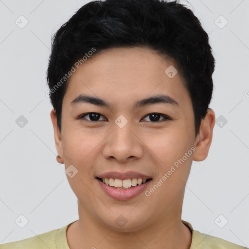 Joyful asian young-adult female with short  black hair and brown eyes