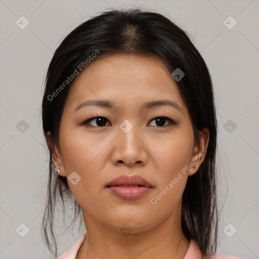 Neutral asian young-adult female with medium  brown hair and brown eyes