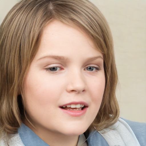 Neutral white child female with medium  brown hair and grey eyes