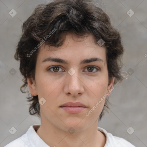 Neutral white young-adult female with medium  brown hair and brown eyes