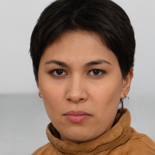 Neutral white young-adult female with short  brown hair and brown eyes