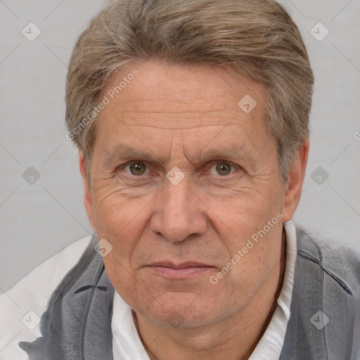 Joyful white middle-aged male with short  brown hair and brown eyes