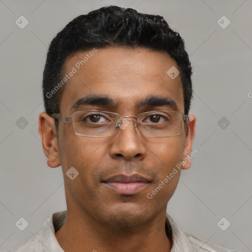 Neutral latino young-adult male with short  black hair and brown eyes