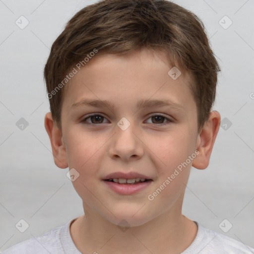 Joyful white child male with short  brown hair and brown eyes