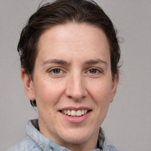 Joyful white adult female with medium  brown hair and grey eyes