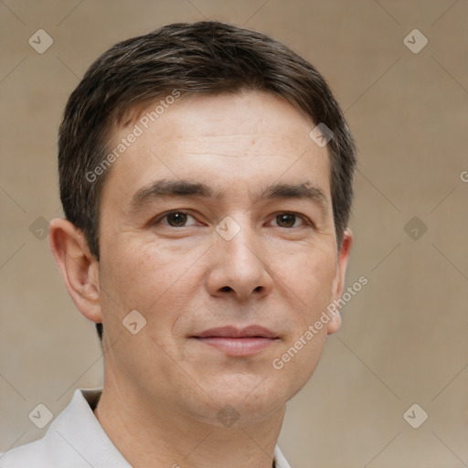 Neutral white adult male with short  brown hair and brown eyes