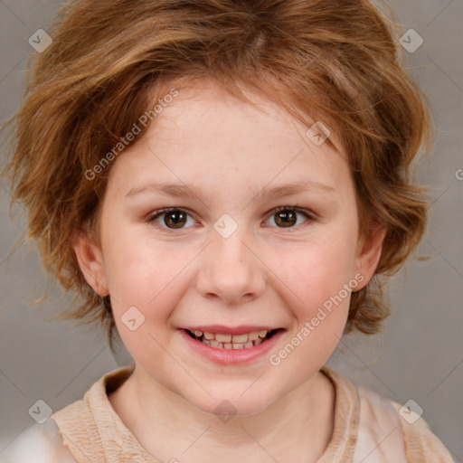 Joyful white child female with medium  brown hair and brown eyes