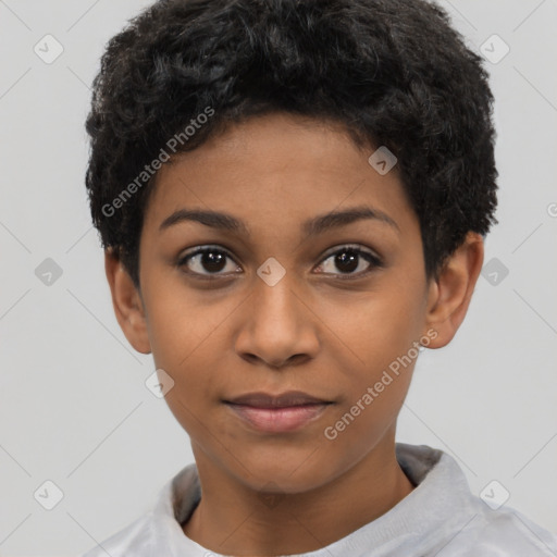 Joyful latino young-adult female with short  black hair and brown eyes