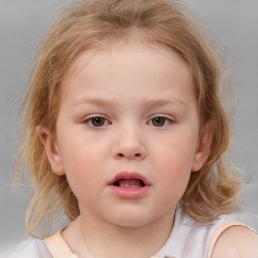 Neutral white child female with medium  brown hair and blue eyes