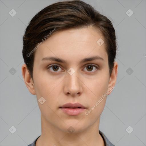 Neutral white young-adult female with short  brown hair and brown eyes