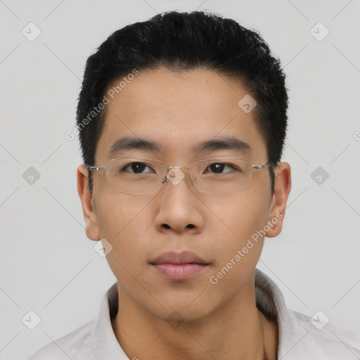 Neutral asian young-adult male with short  black hair and brown eyes