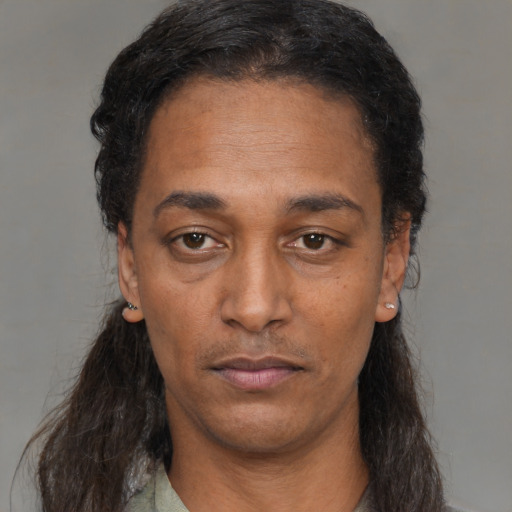Neutral black adult male with medium  black hair and brown eyes