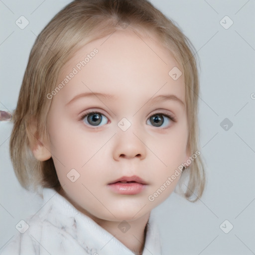 Neutral white child female with medium  brown hair and blue eyes