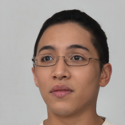 Neutral latino young-adult female with short  black hair and brown eyes