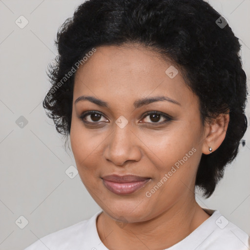 Joyful latino young-adult female with medium  black hair and brown eyes