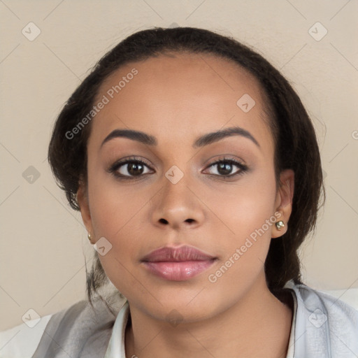 Neutral white young-adult female with medium  brown hair and brown eyes