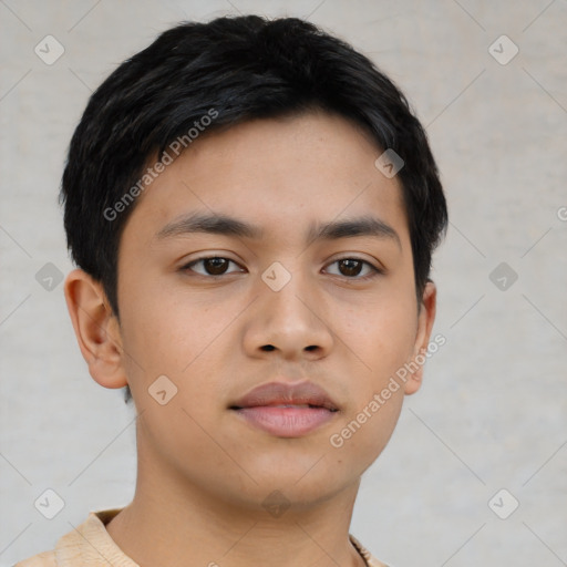 Neutral asian young-adult male with short  black hair and brown eyes