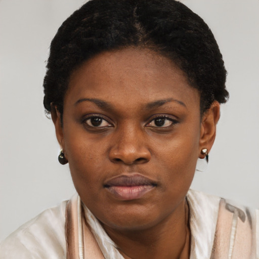 Neutral black young-adult female with short  black hair and brown eyes