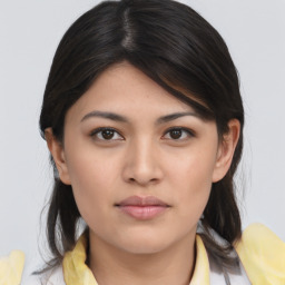 Neutral asian young-adult female with medium  brown hair and brown eyes