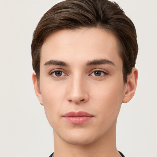 Neutral white young-adult male with short  brown hair and brown eyes