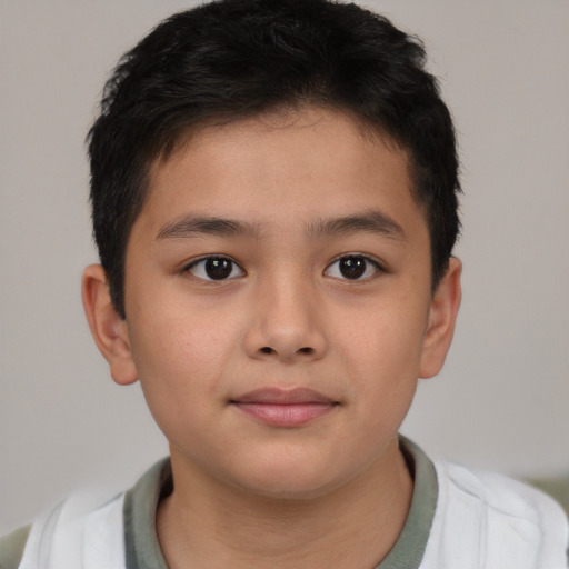 Joyful asian child male with short  brown hair and brown eyes