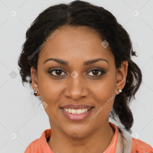 Joyful black young-adult female with medium  brown hair and brown eyes