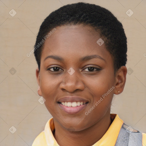 Joyful latino young-adult female with short  black hair and brown eyes