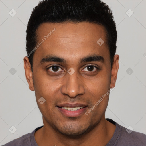 Joyful white young-adult male with short  black hair and brown eyes