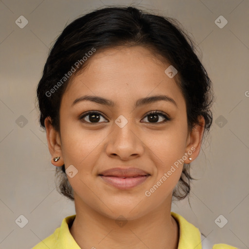 Joyful latino young-adult female with medium  brown hair and brown eyes