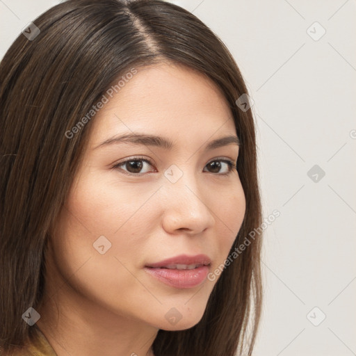 Neutral white young-adult female with long  brown hair and brown eyes