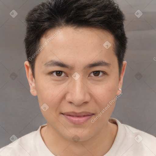 Joyful white young-adult male with short  brown hair and brown eyes