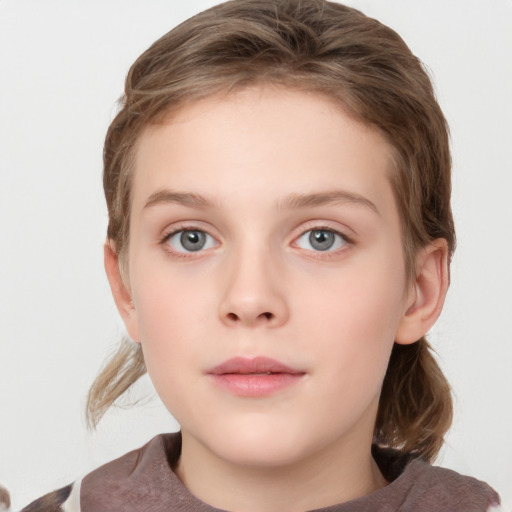 Neutral white child female with medium  brown hair and grey eyes