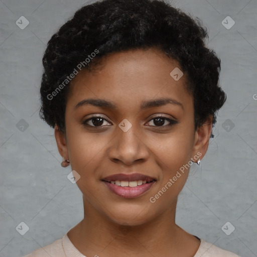 Joyful latino young-adult female with short  black hair and brown eyes