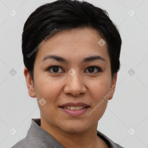 Joyful asian young-adult female with short  black hair and brown eyes