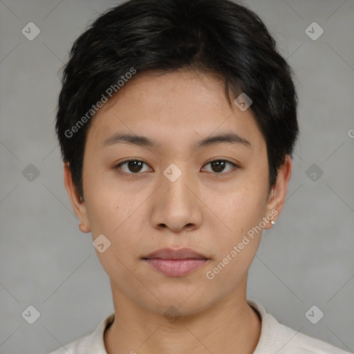 Neutral asian young-adult female with short  brown hair and brown eyes