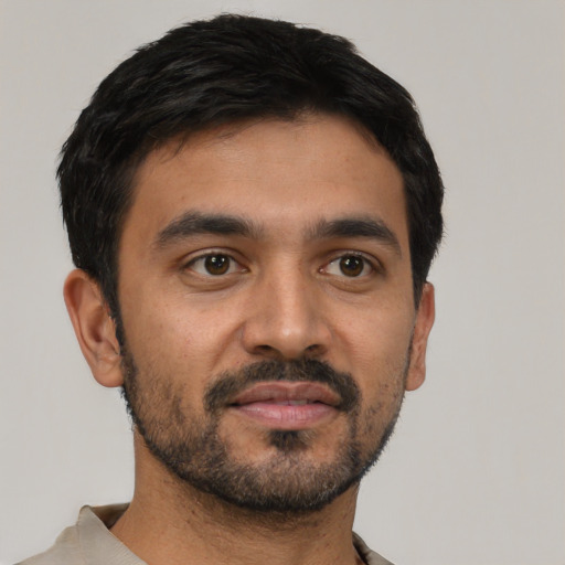 Neutral latino young-adult male with short  black hair and brown eyes
