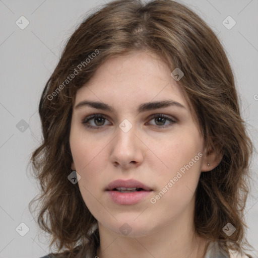 Neutral white young-adult female with medium  brown hair and brown eyes