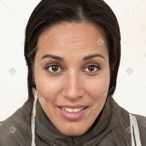 Joyful white young-adult female with medium  brown hair and brown eyes