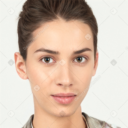 Neutral white young-adult female with short  brown hair and brown eyes