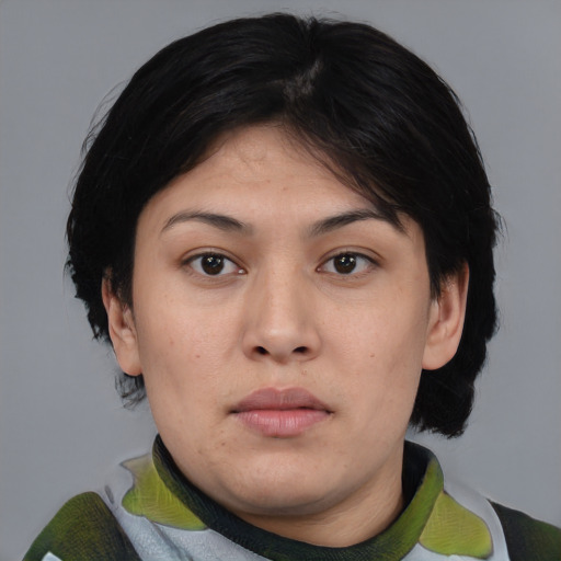 Neutral asian young-adult female with medium  black hair and brown eyes