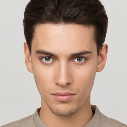 Neutral white young-adult male with short  brown hair and brown eyes