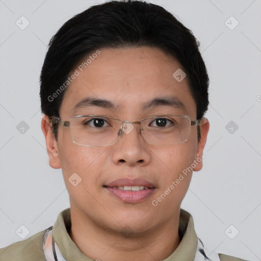 Joyful asian young-adult male with short  brown hair and brown eyes