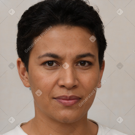 Joyful latino young-adult female with short  brown hair and brown eyes