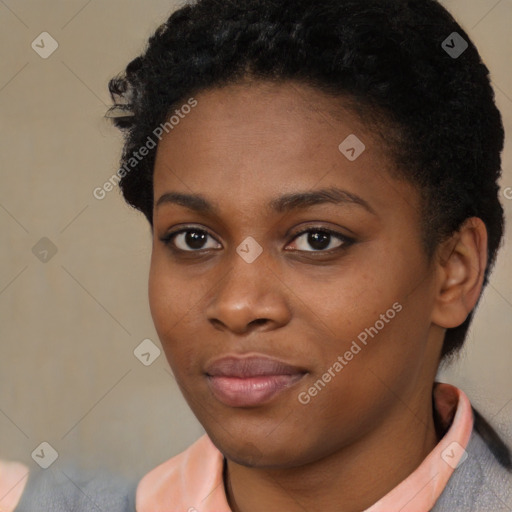 Neutral black young-adult female with short  black hair and brown eyes