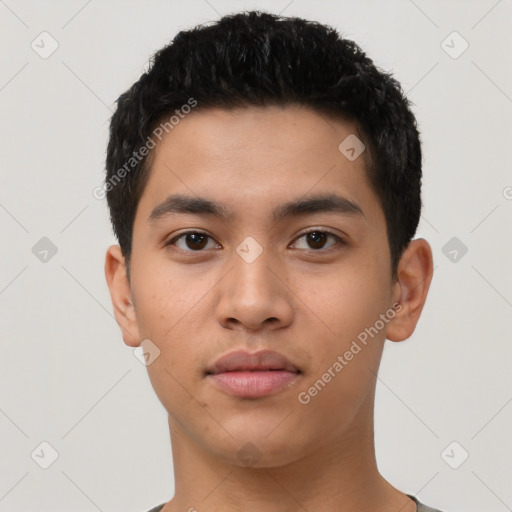 Neutral latino young-adult male with short  black hair and brown eyes