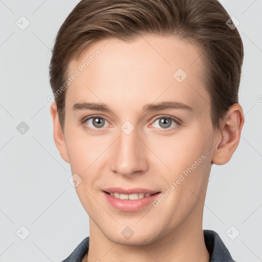 Joyful white young-adult female with short  brown hair and grey eyes